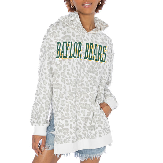 Women's Gameday Couture White Baylor Bears Home Team Advantage Leopard Print Oversized Side-Slit Pullover Hoodie