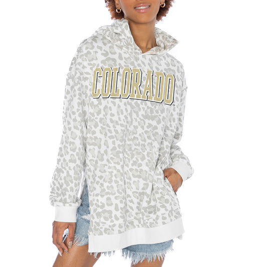 Women's Gameday Couture White Colorado Buffaloes Home Team Advantage Leopard Print Oversized Side-Slit Pullover Hoodie
