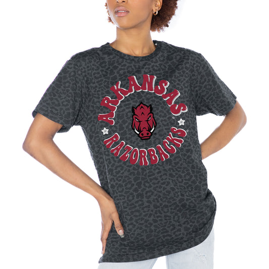 Women's Gameday Couture Charcoal Arkansas Razorbacks Victory Lap Leopard Standard Fit T-Shirt