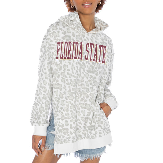 Women's Gameday Couture White Florida State Seminoles Home Team Advantage Leopard Print Oversized Side-Slit Pullover Hoodie