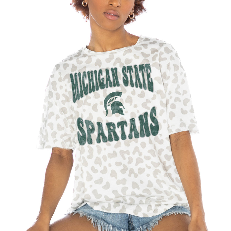 Women's Gameday Couture White Michigan State Spartans Crushing Victory Subtle Leopard Print T-Shirt
