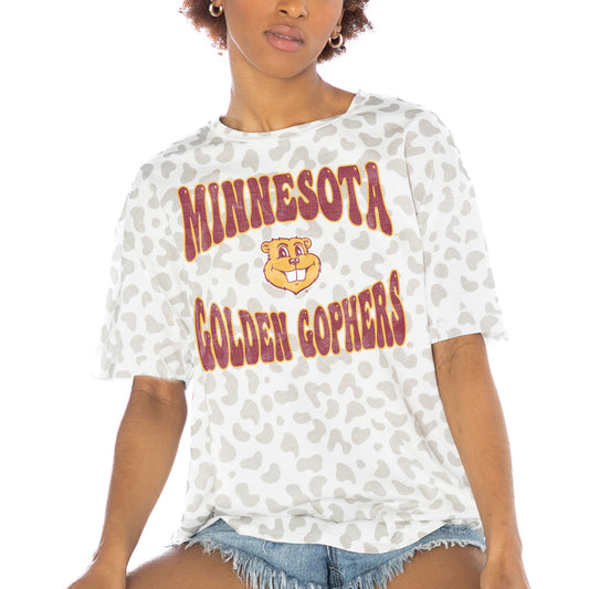 Women's Gameday Couture White Minnesota Golden Gophers Crushing Victory Subtle Leopard Print T-Shirt