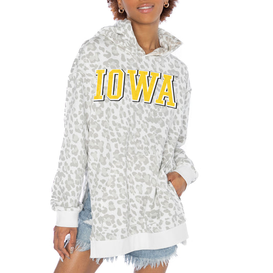 Women's Gameday Couture White Iowa Hawkeyes Home Team Advantage Leopard Print Oversized Side-Slit Pullover Hoodie