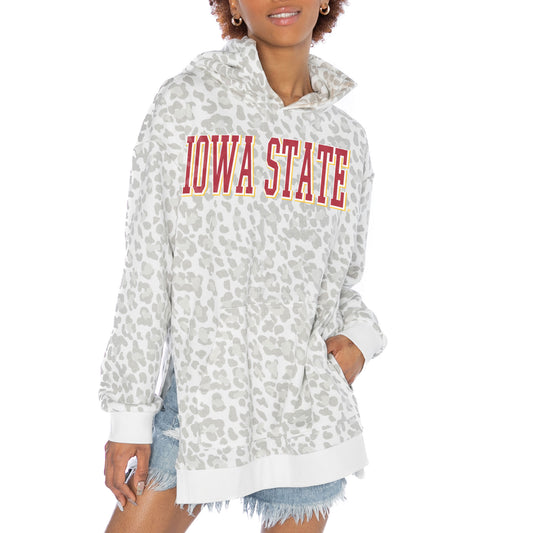 Women's Gameday Couture White Iowa State Cyclones Home Team Advantage Leopard Print Oversized Side-Slit Pullover Hoodie