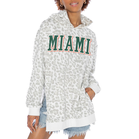 Women's Gameday Couture White Miami Hurricanes Home Team Advantage Leopard Print Oversized Side-Slit Pullover Hoodie