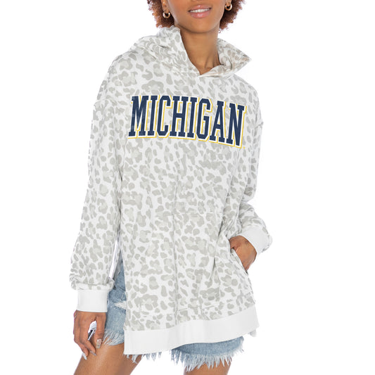 Women's Gameday Couture White Michigan Wolverines Home Team Advantage Leopard Print Oversized Side-Slit Pullover Hoodie