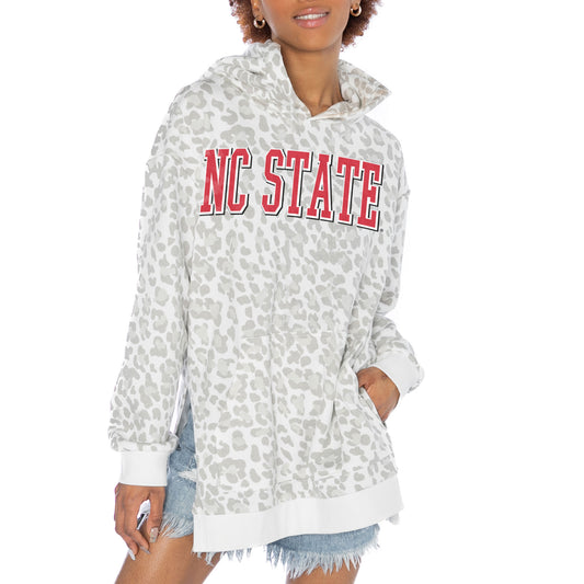 Women's Gameday Couture White NC State Wolfpack Home Team Advantage Leopard Print Oversized Side-Slit Pullover Hoodie