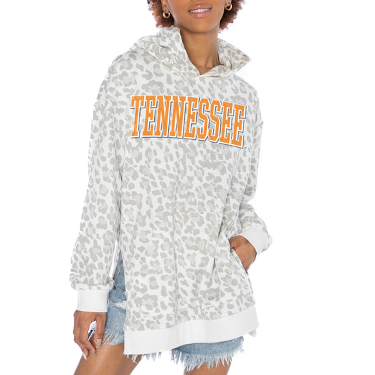 Women's Gameday Couture White Tennessee Volunteers Home Team Advantage Leopard Print Oversized Side-Slit Pullover Hoodie