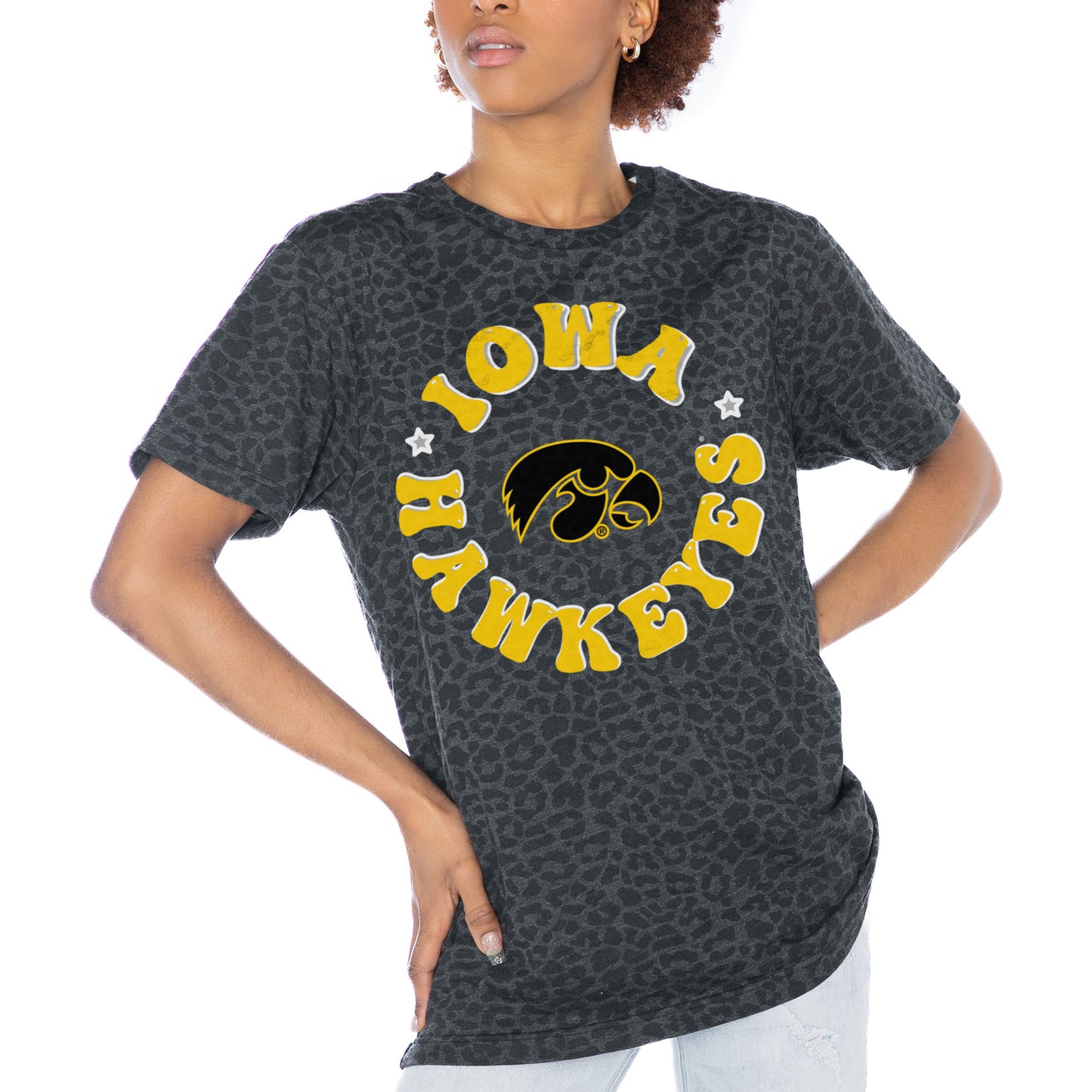 Women's Gameday Couture Charcoal Iowa Hawkeyes Victory Lap Leopard Standard Fit T-Shirt