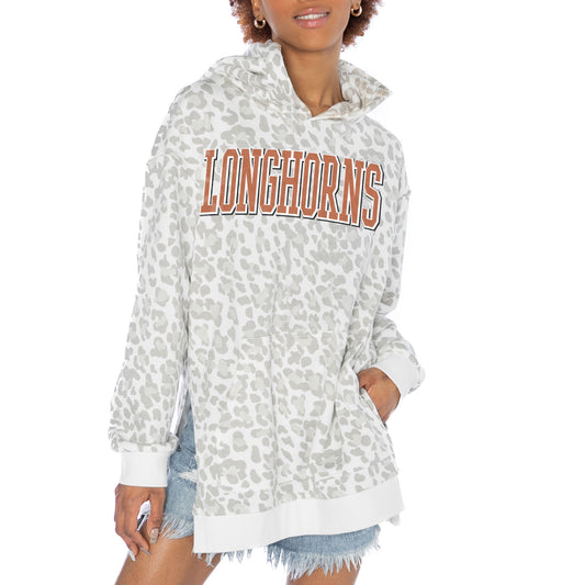 Women's Gameday Couture White Texas Longhorns Home Team Advantage Leopard Print Oversized Side-Slit Pullover Hoodie