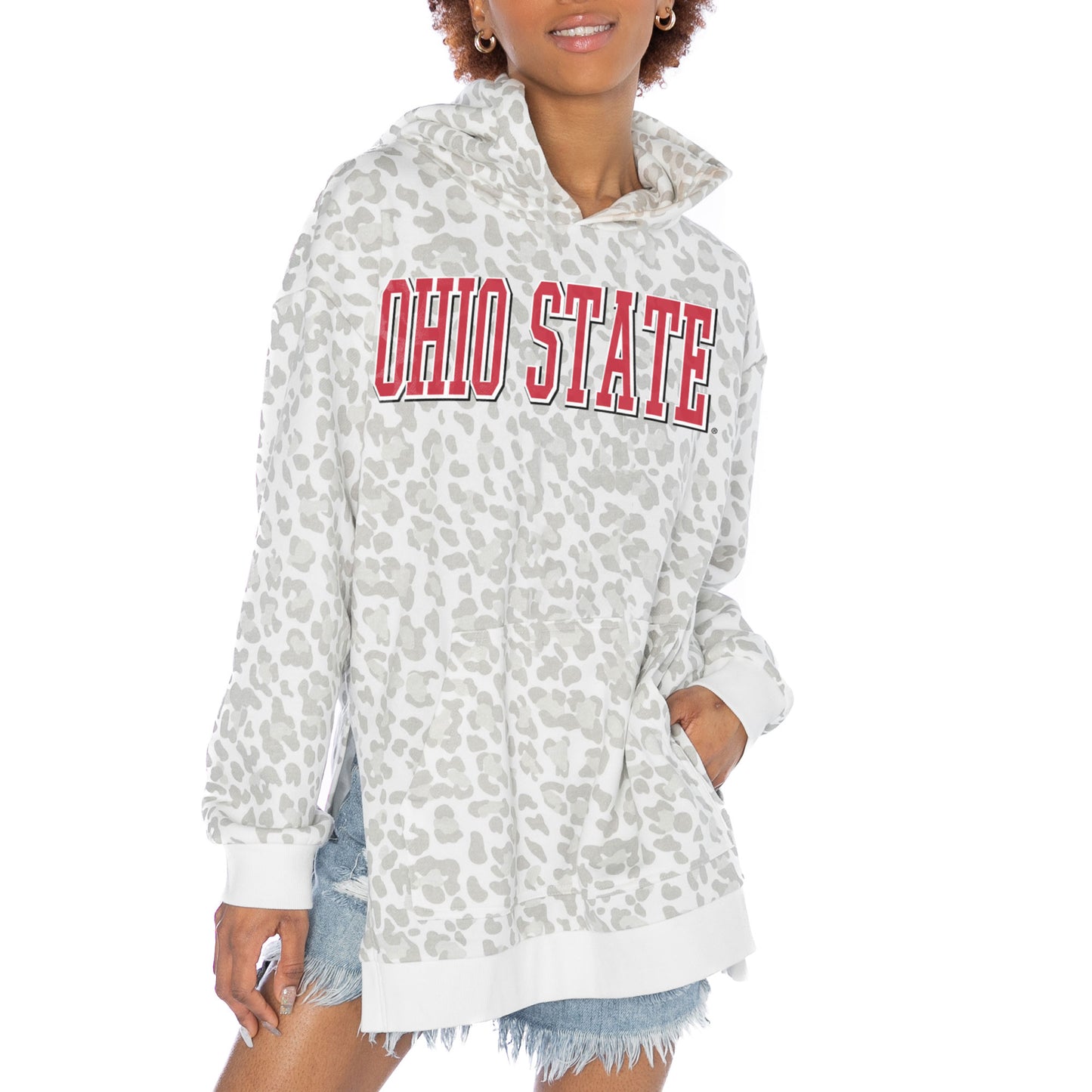 Women's Gameday Couture White Ohio State Buckeyes Home Team Advantage Leopard Print Oversized Side-Slit Pullover Hoodie