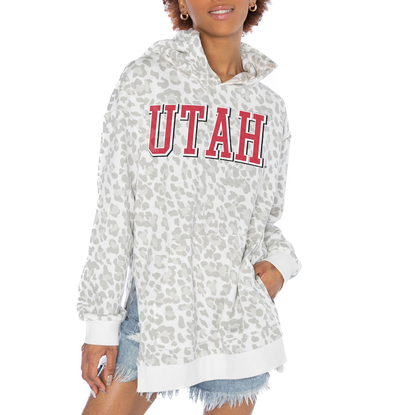 Women's Gameday Couture White Utah Utes Home Team Advantage Leopard Print Oversized Side-Slit Pullover Hoodie