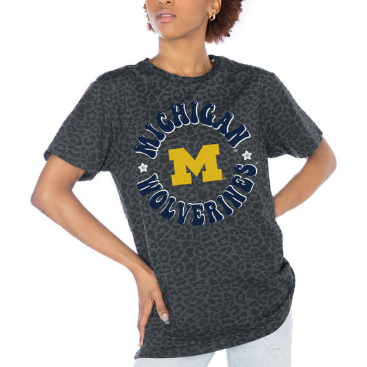 Women's Gameday Couture Charcoal Michigan Wolverines Victory Lap Leopard Standard Fit T-Shirt