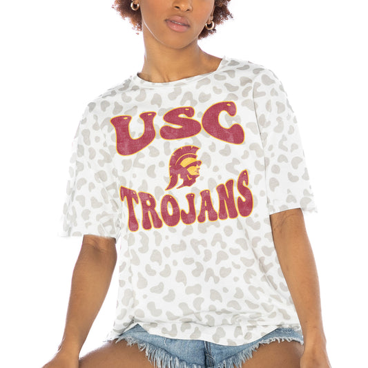 Women's Gameday Couture White USC Trojans Crushing Victory Subtle Leopard Print T-Shirt