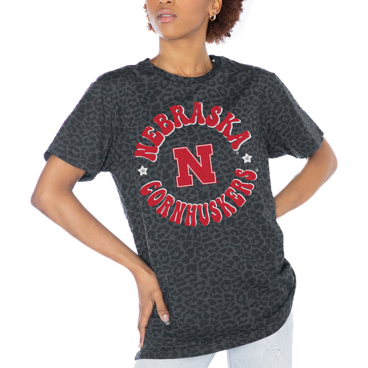 Women's Gameday Couture Charcoal Nebraska Huskers Victory Lap Leopard Standard Fit T-Shirt