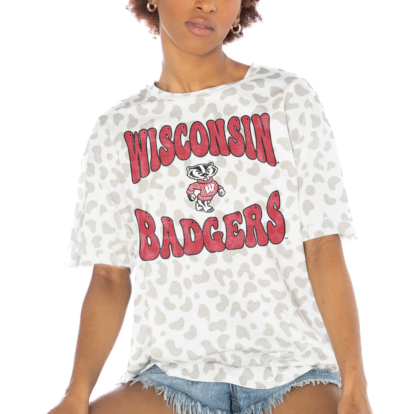 Women's Gameday Couture White Wisconsin Badgers Crushing Victory Subtle Leopard Print T-Shirt