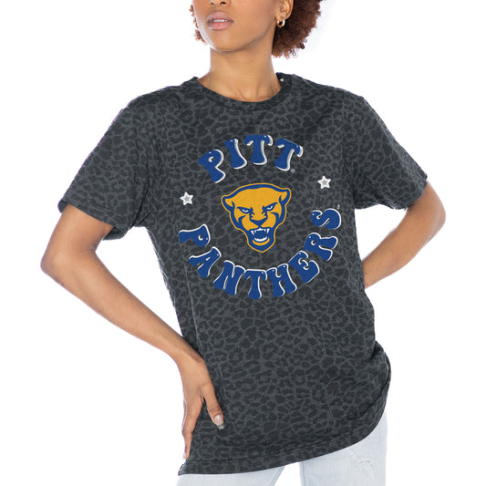 Women's Gameday Couture Charcoal Pitt Panthers Victory Lap Leopard Standard Fit T-Shirt