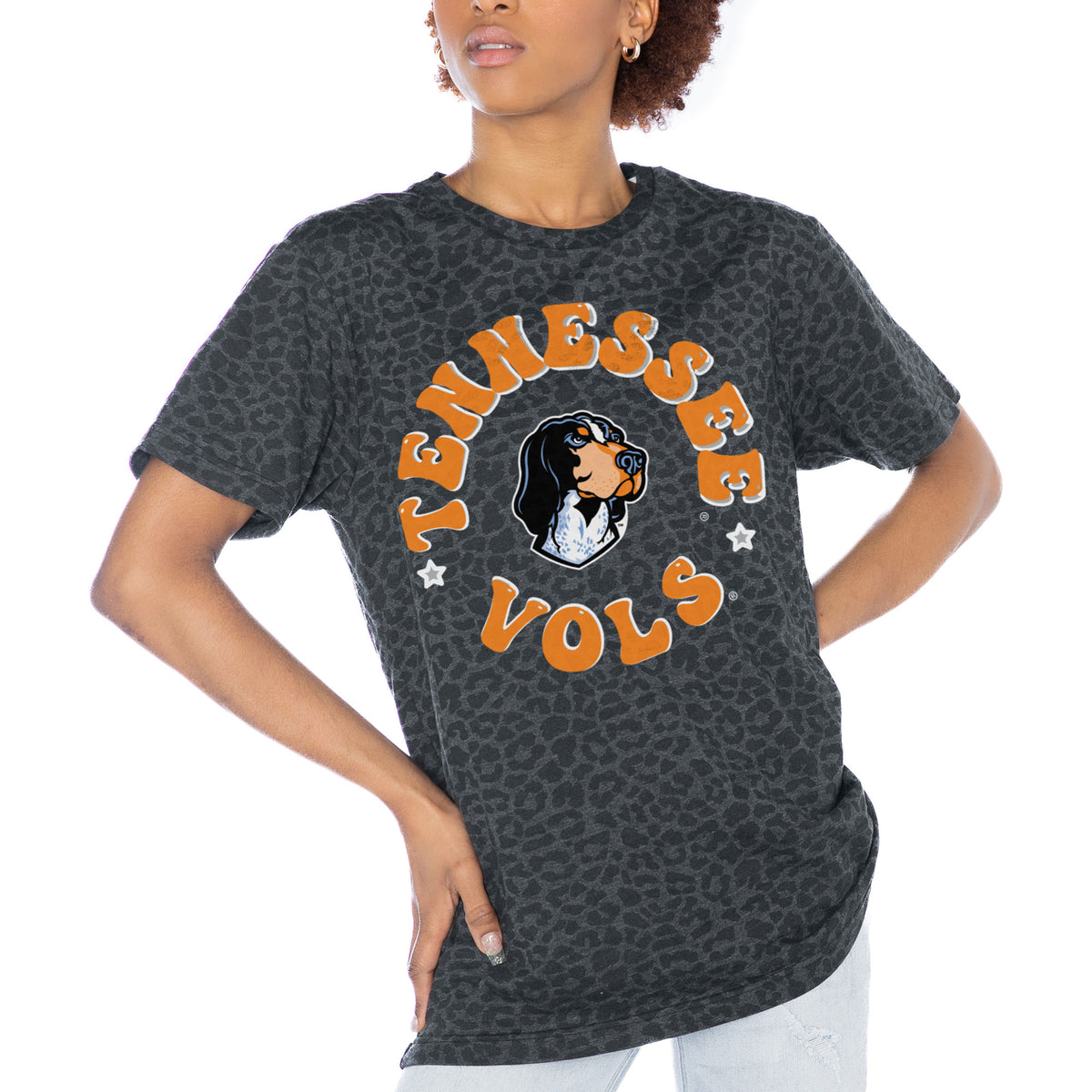 Women's Gameday Couture Charcoal Tennessee Volunteers Victory Lap Leopard Standard Fit T-Shirt