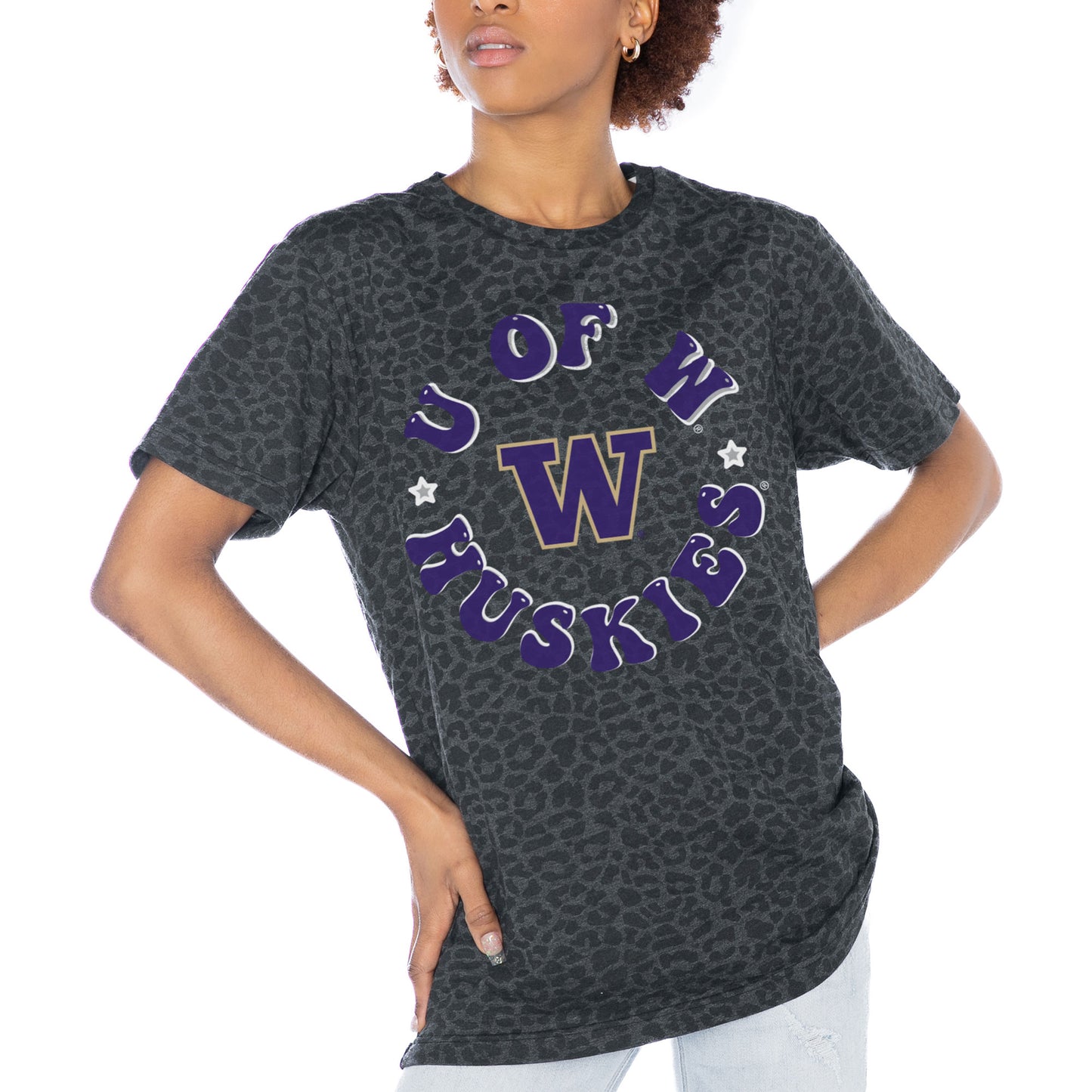 Women's Gameday Couture Charcoal Washington Huskies Victory Lap Leopard Standard Fit T-Shirt