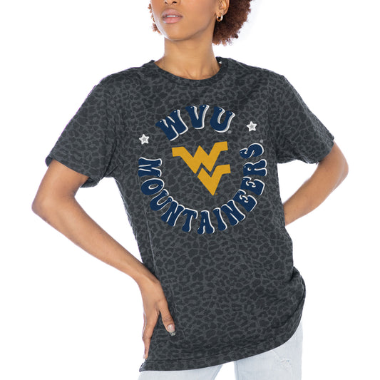 Women's Gameday Couture Charcoal West Virginia Mountaineers Victory Lap Leopard Standard Fit T-Shirt