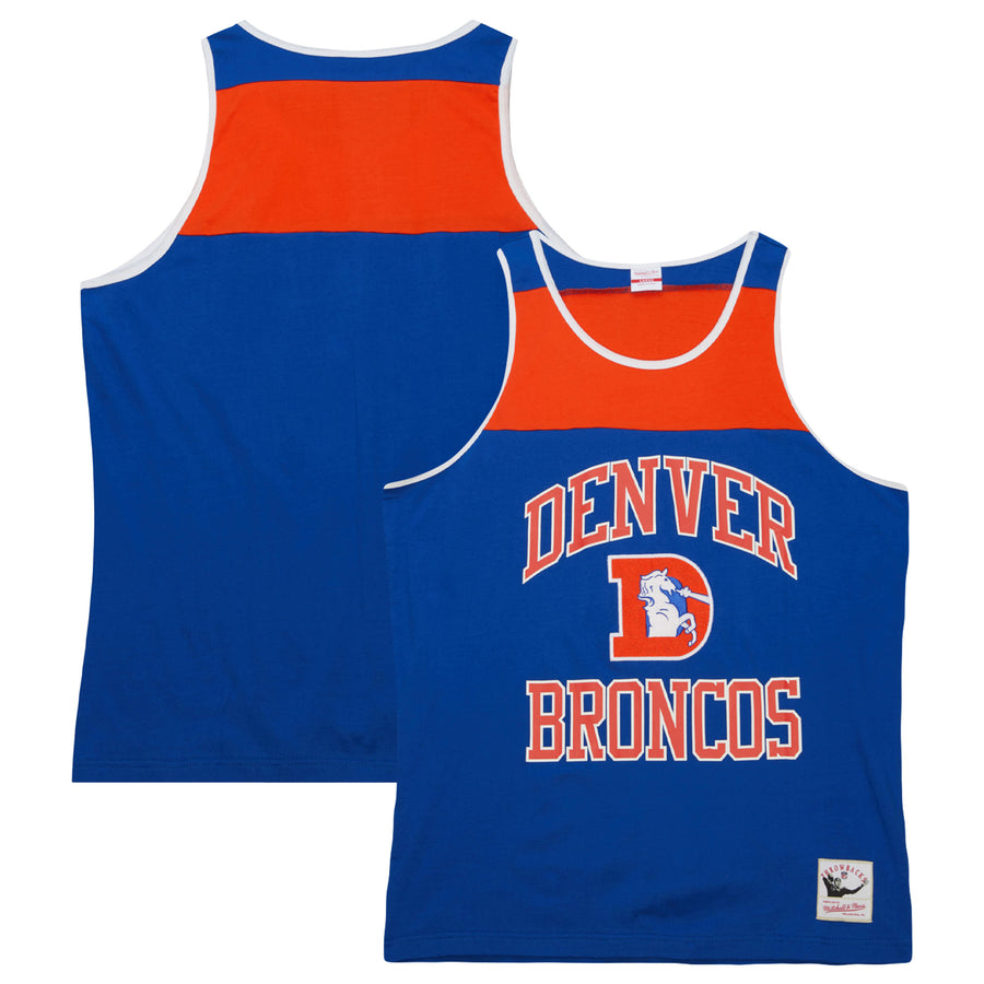 Men's Mitchell & Ness Royal/Orange Denver Broncos Gridiron Classics Heritage Colorblock Tank Top