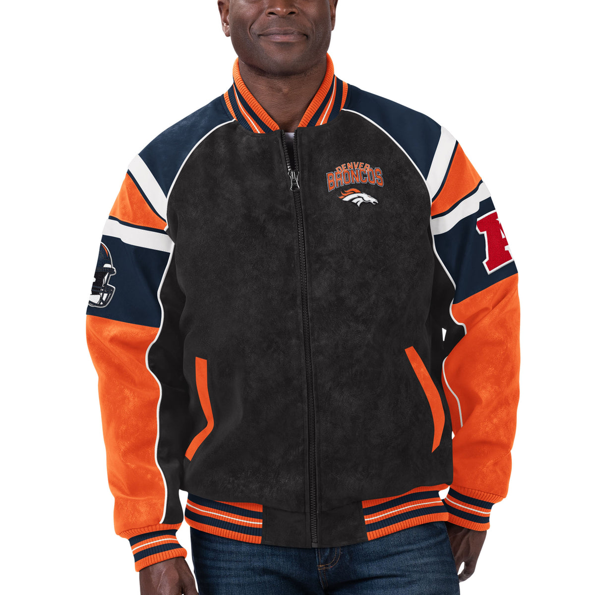 Men's G-III Sports by Carl Banks  Black Denver Broncos Faux Suede Raglan Full-Zip Varsity Jacket