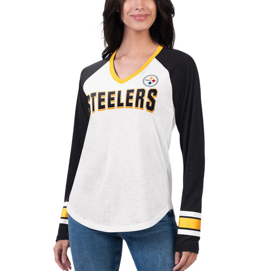 Women's G-III 4Her by Carl Banks White/Black Pittsburgh Steelers Top Team Raglan V-Neck Long Sleeve T-Shirt