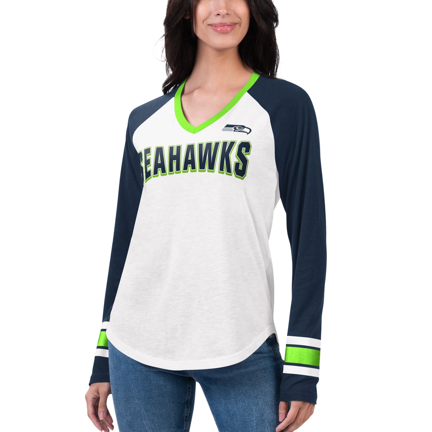 Women's G-III 4Her by Carl Banks White/Navy Seattle Seahawks Top Team Raglan V-Neck Long Sleeve T-Shirt