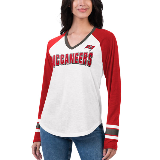 Women's G-III 4Her by Carl Banks White/Red Tampa Bay Buccaneers Top Team Raglan V-Neck Long Sleeve T-Shirt