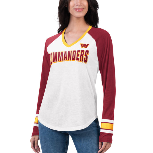 Women's G-III 4Her by Carl Banks White/Burgundy Washington Commanders Top Team Raglan V-Neck Long Sleeve T-Shirt