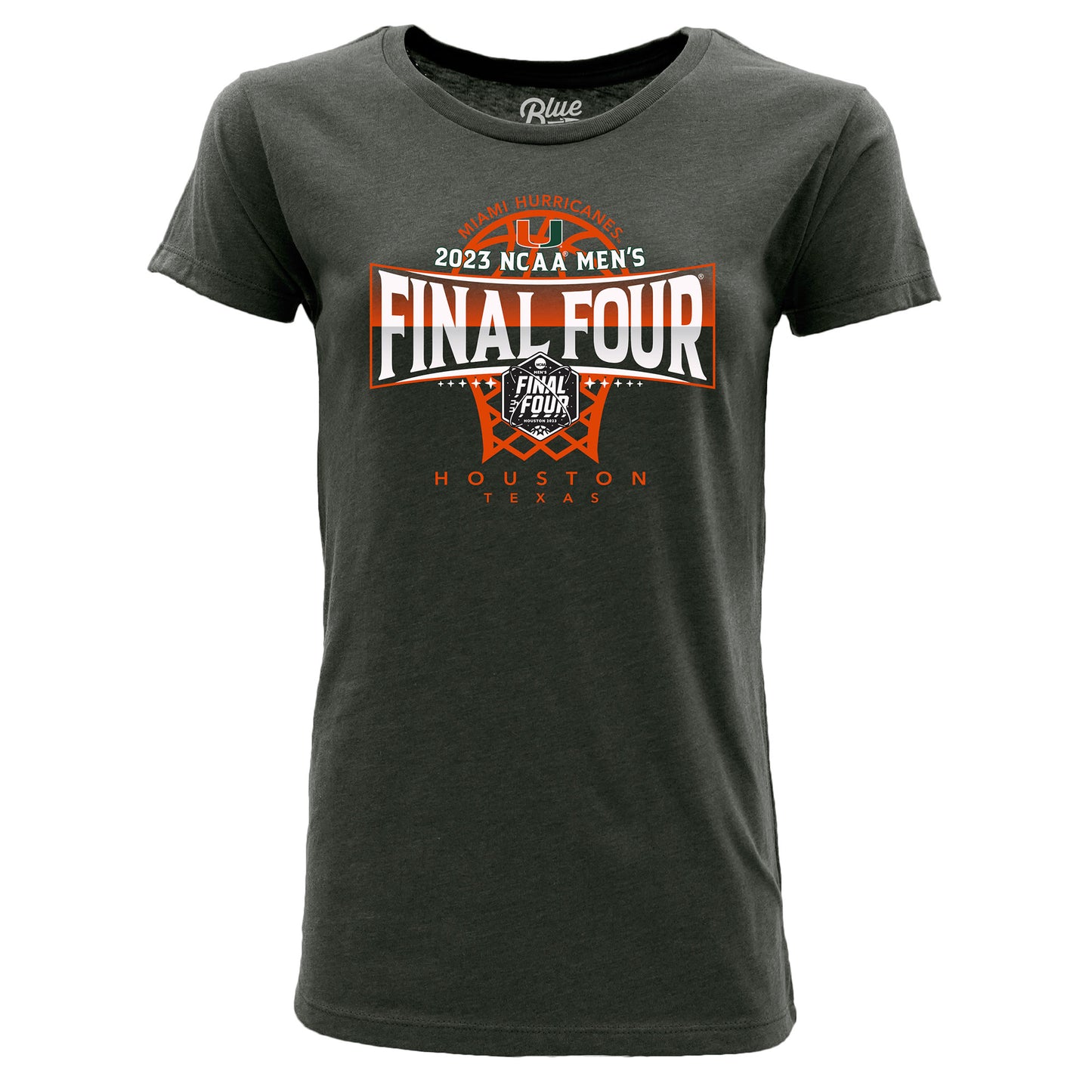 Women's Blue 84 Charcoal Miami Hurricanes 2023 NCAA Men's Basketball Tournament March Madness Final Four T-Shirt