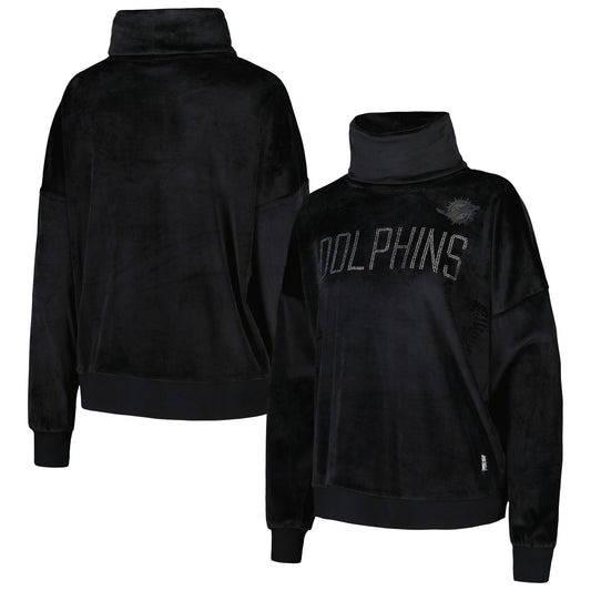 Women's DKNY Sport  Black Miami Dolphins Deliliah Rhinestone Funnel Neck Pullover Sweatshirt