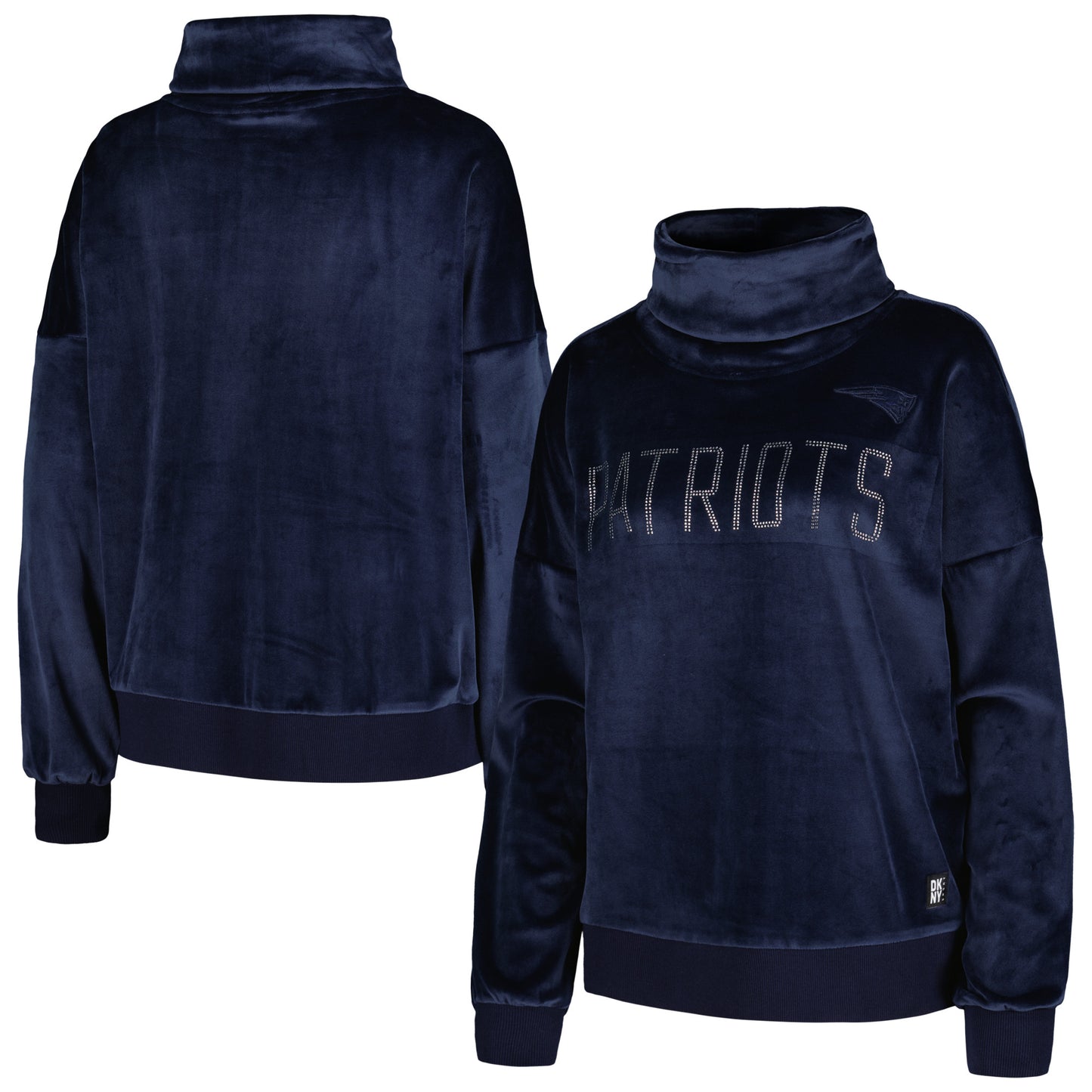 Women's DKNY Sport  Navy New England Patriots Deliliah Rhinestone Funnel Neck Pullover Sweatshirt