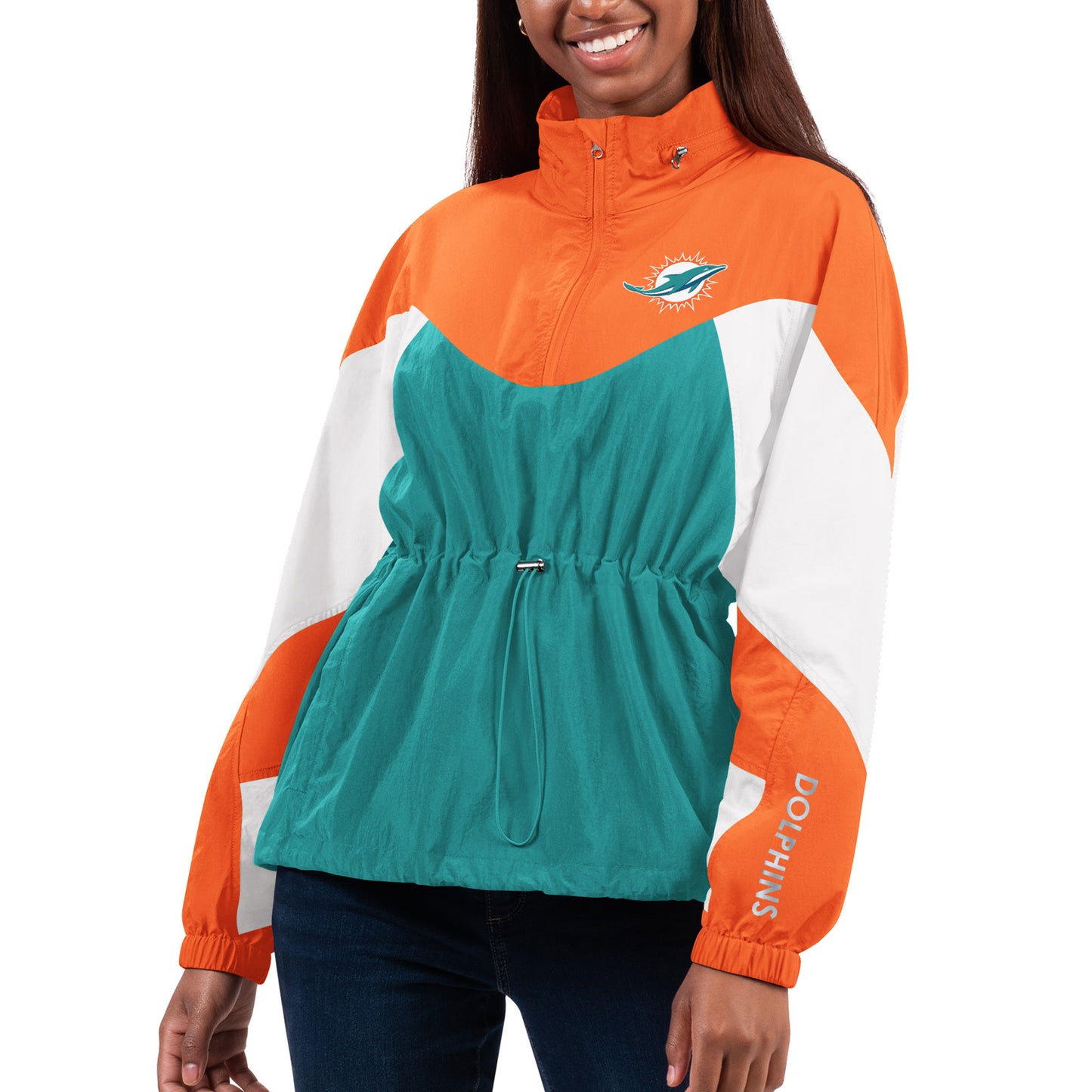 Women's G-III 4Her by Carl Banks Aqua/Orange Miami Dolphins Tie Breaker Lightweight Quarter-Zip Jacket