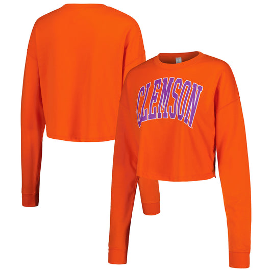 Women's ZooZatz Orange Clemson Tigers Arch Cropped Drop Shoulder Long Sleeve T-Shirt