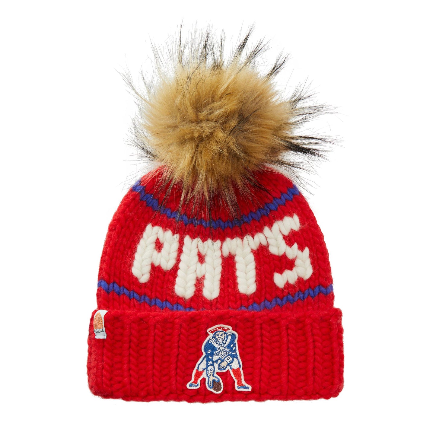 Women's Sh*t That I Knit Red New England Patriots Hand-Knit Brimmed Merino Wool Beanie with Faux Fur Pom Pom