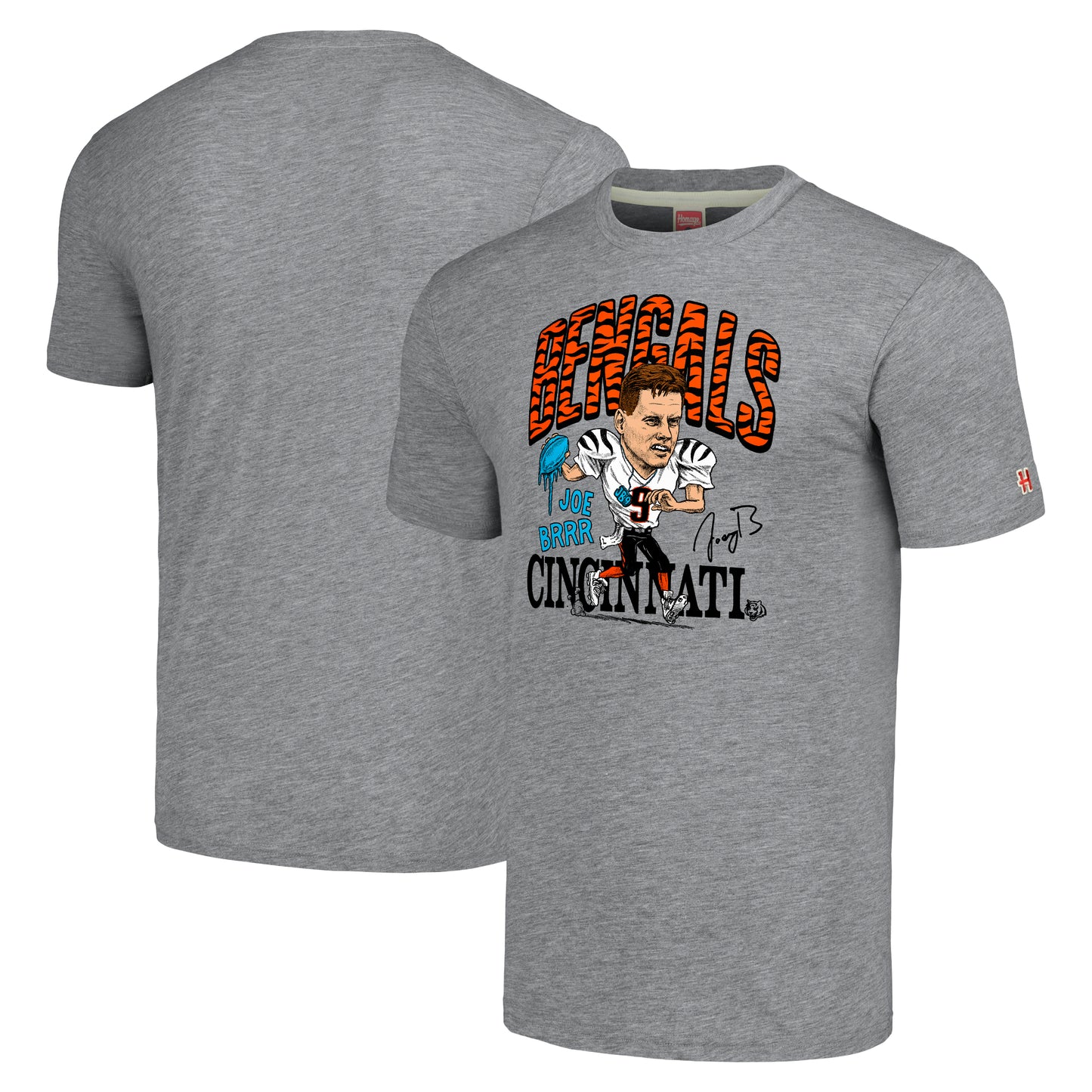 Men's Homage Joe Burrow Heathered Gray Cincinnati Bengals Caricature Player Tri-Blend T-Shirt