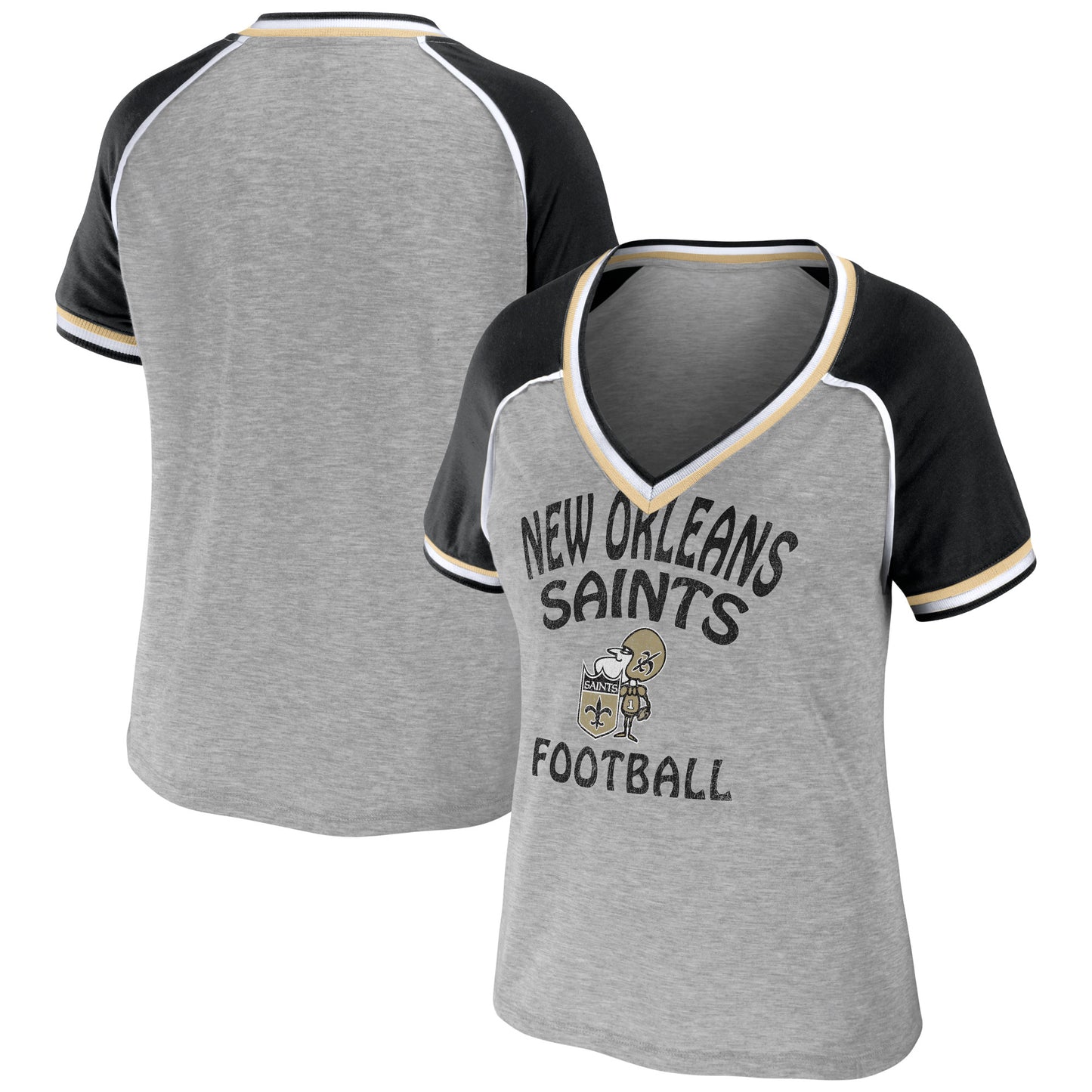 Women's WEAR by Erin Andrews Heather Gray New Orleans Saints Plus Size Throwback Raglan V-Neck T-Shirt