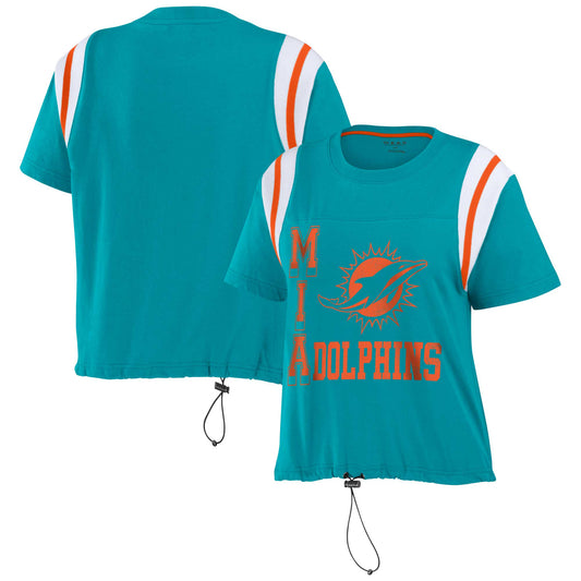 Women's WEAR by Erin Andrews Aqua Miami Dolphins Cinched Colorblock T-Shirt