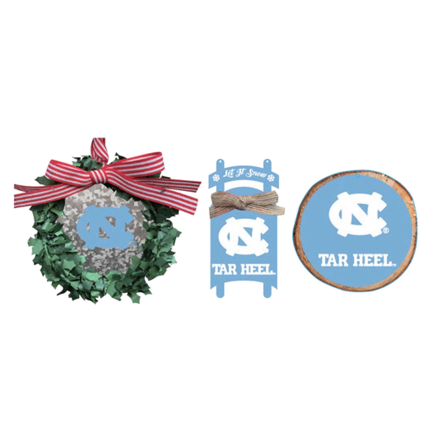 The Memory Company North Carolina Tar Heels Three-Pack Wreath, Sled & Circle Ornament Set