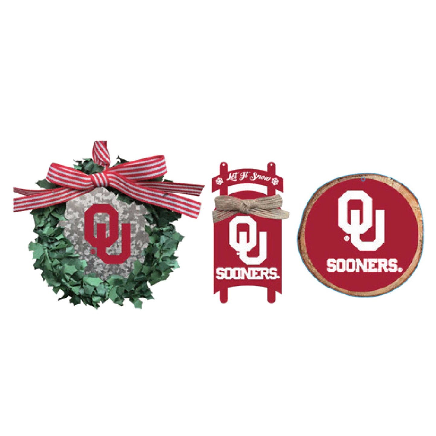 The Memory Company Oklahoma Sooners Three-Pack Wreath, Sled & Circle Ornament Set