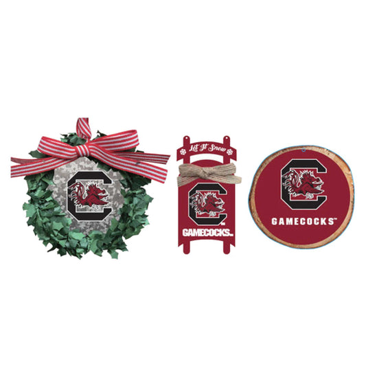 The Memory Company South Carolina Gamecocks Three-Pack Wreath, Sled & Circle Ornament Set