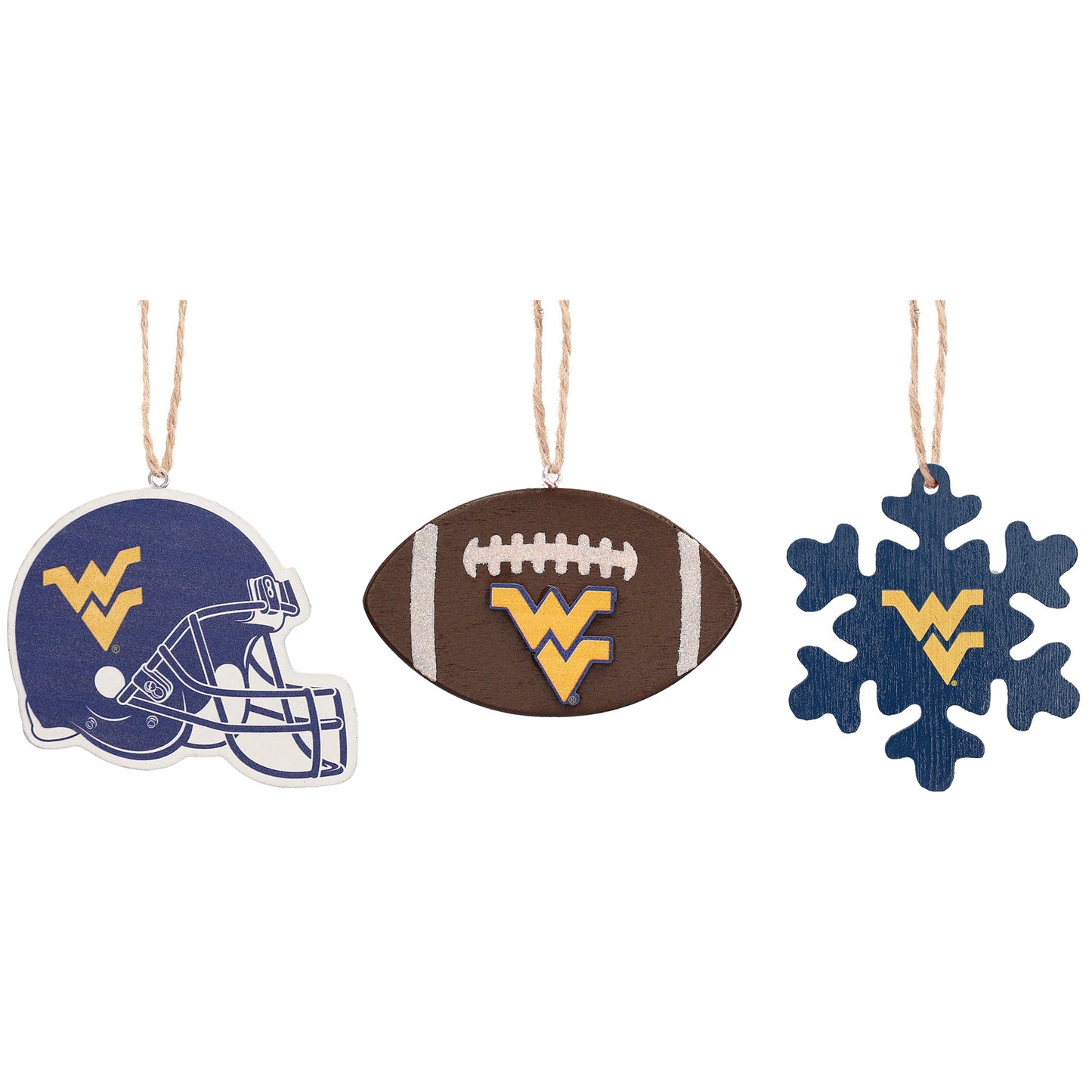 The Memory Company West Virginia Mountaineers Three-Pack Helmet, Football & Snowflake Ornament Set