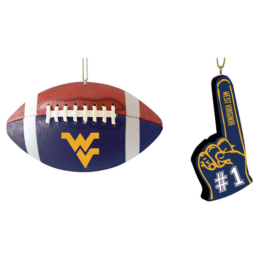 The Memory Company West Virginia Mountaineers Football & Foam Finger Ornament Two-Pack