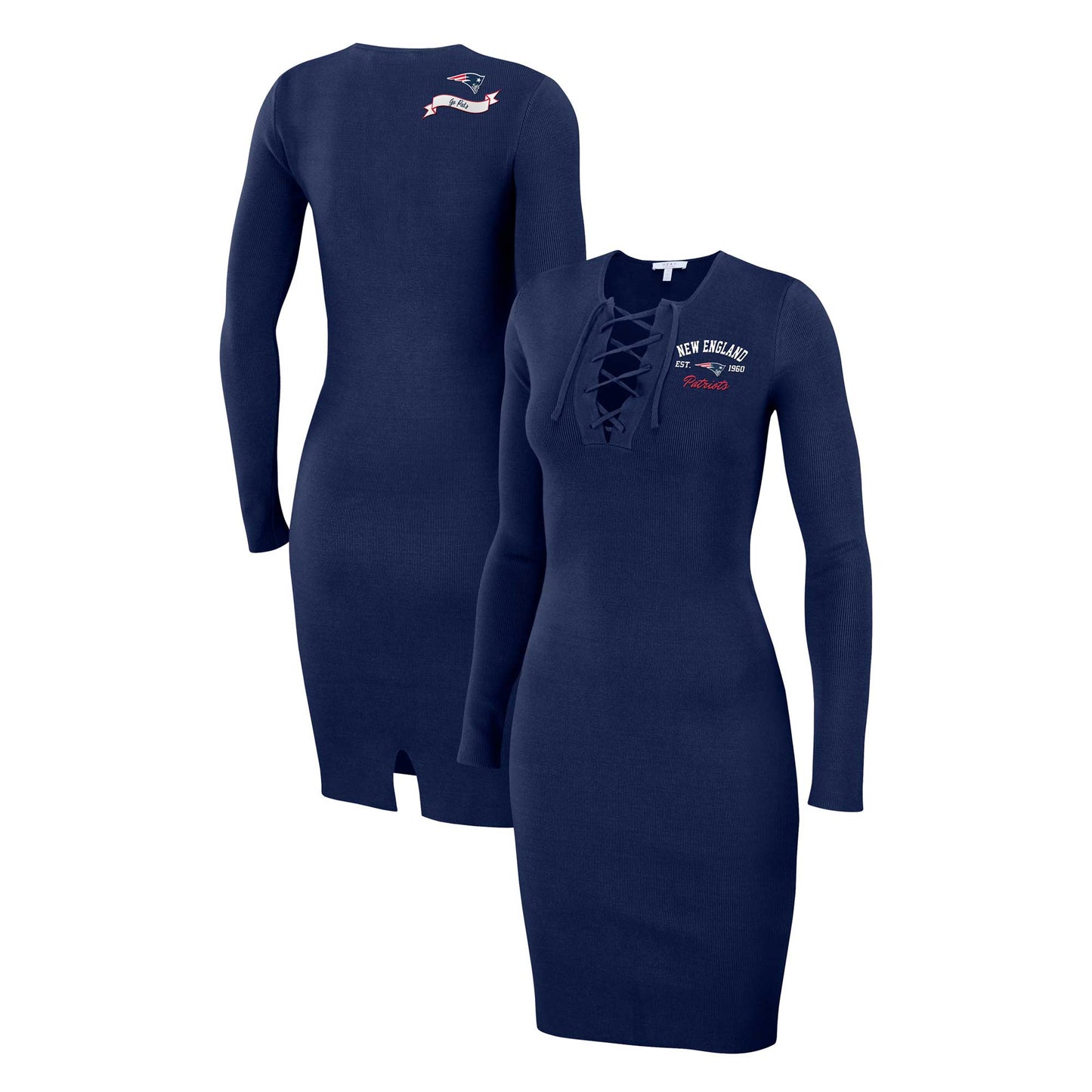 Women's WEAR by Erin Andrews Navy New England Patriots Lace Up Long Sleeve Dress