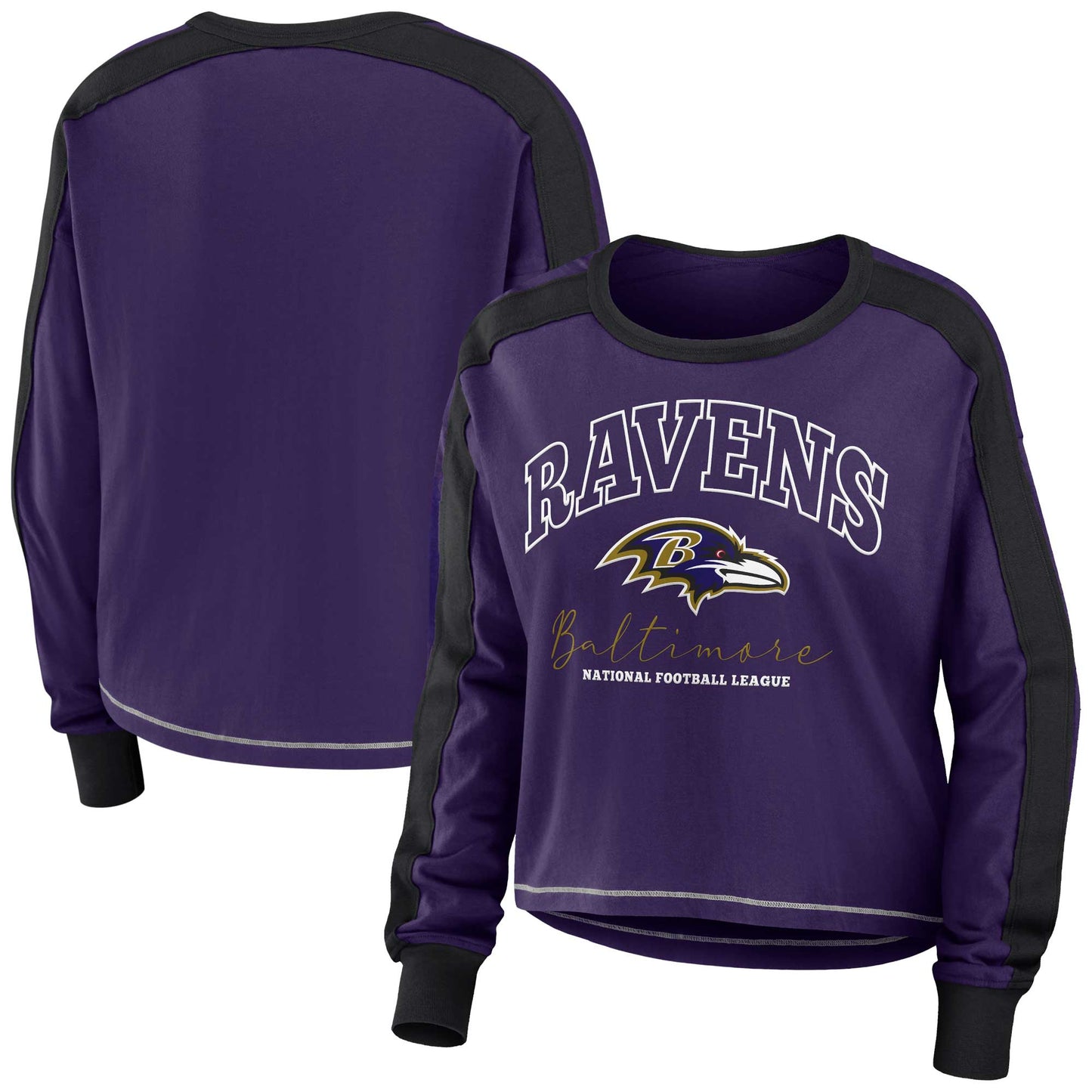 Women's WEAR by Erin Andrews Purple/Black Baltimore Ravens Color Block Modest Crop Long Sleeve T-Shirt