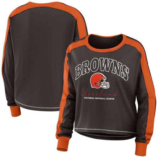 Women's WEAR by Erin Andrews Brown/Orange Cleveland Browns Color Block Modest Crop Long Sleeve T-Shirt