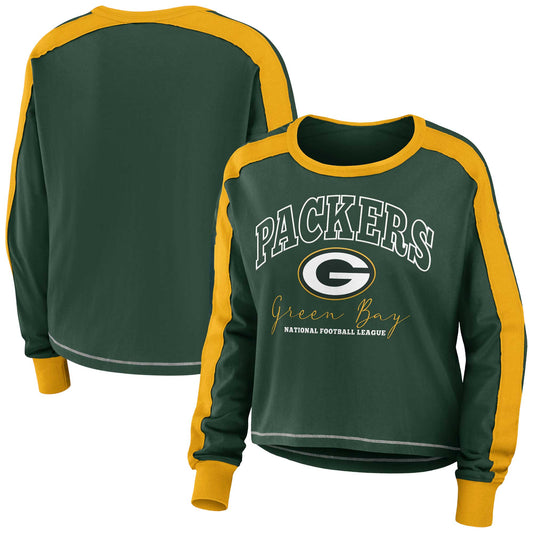 Women's WEAR by Erin Andrews Green/Gold Green Bay Packers Color Block Modest Crop Long Sleeve T-Shirt