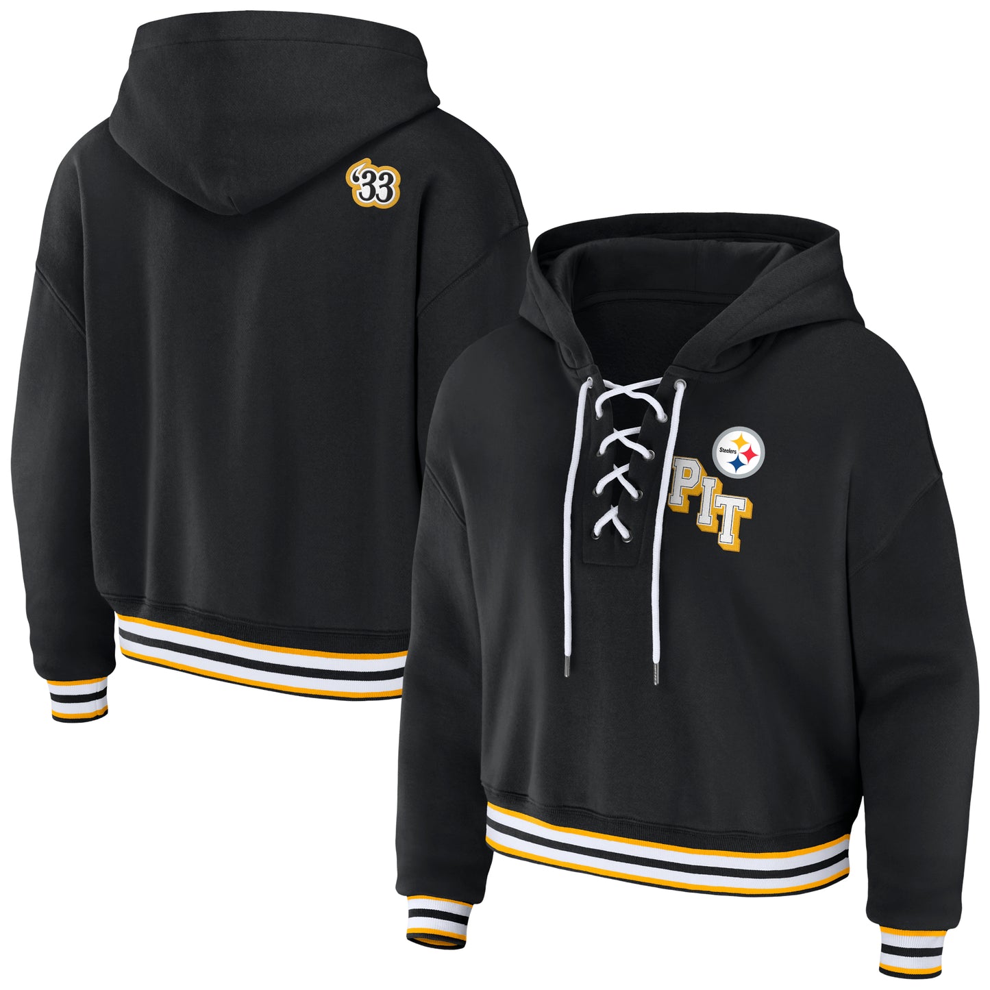 Women's WEAR by Erin Andrews Black Pittsburgh Steelers Lace-Up Pullover Hoodie