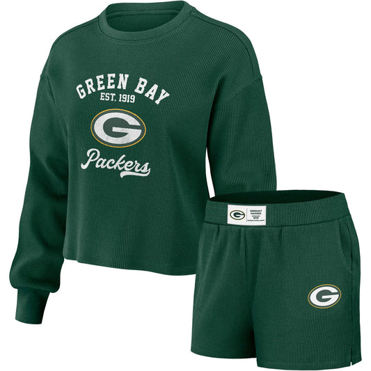 Women's WEAR by Erin Andrews Green Green Bay Packers Waffle Knit Long Sleeve T-Shirt & Shorts Lounge Set